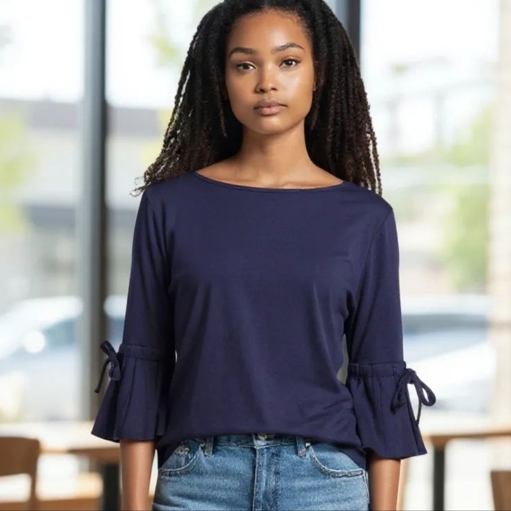 White House Black Market Navy Blouse with Tie Sleeves SZ XS